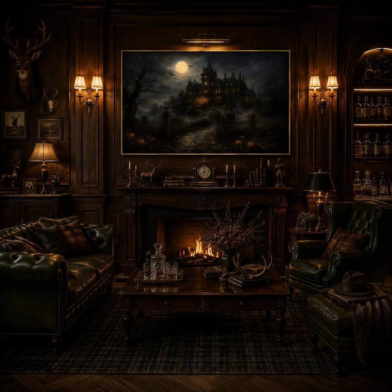 Ownanart Original Hand-Painted Gothic Halloween Haunted Mansion Landscape Oil Painting with Full Moon, Bats, Foggy Castle and Pumpkin Path Dark Vintage Wall Art # OA 1313