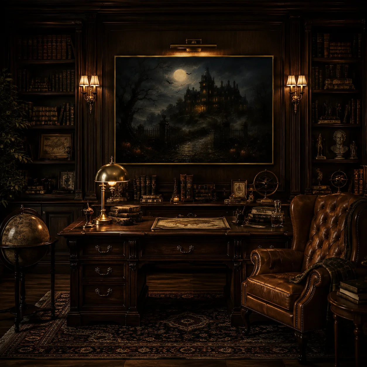 Ownanart Original Hand-Painted Gothic Halloween Haunted Mansion Landscape Oil Painting with Full Moon, Bats, Foggy Castle and Pumpkin Path Dark Vintage Wall Art # OA 1313