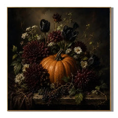 Ownanart Original Hand-Painted Gothic Halloween Pumpkin Floral Still Life Oil Painting with Black Tulips, Burgundy Dahlias and Autumn Berries Dark Romantic Wall Art # OA 1301