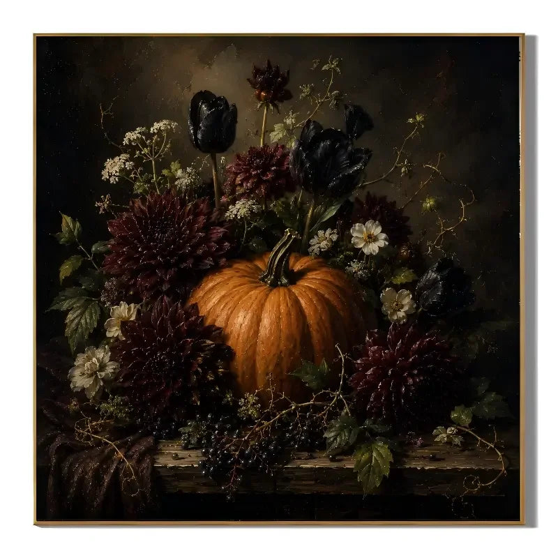Ownanart Original Hand-Painted Gothic Halloween Pumpkin Floral Still Life Oil Painting with Black Tulips, Burgundy Dahlias and Autumn Berries Dark Romantic Wall Art # OA 1301