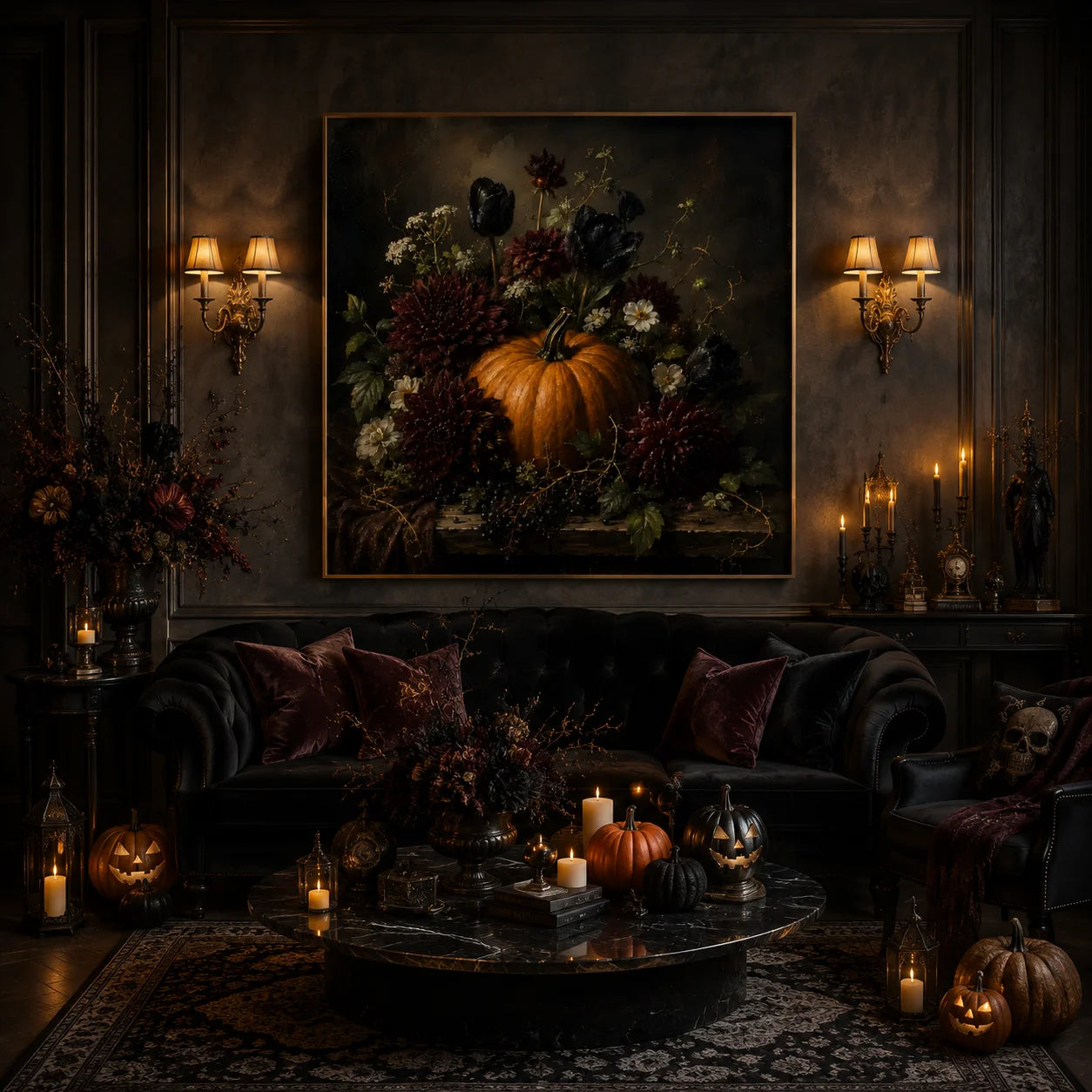 Ownanart Original Hand-Painted Gothic Halloween Pumpkin Floral Still Life Oil Painting with Black Tulips, Burgundy Dahlias and Autumn Berries Dark Romantic Wall Art # OA 1301