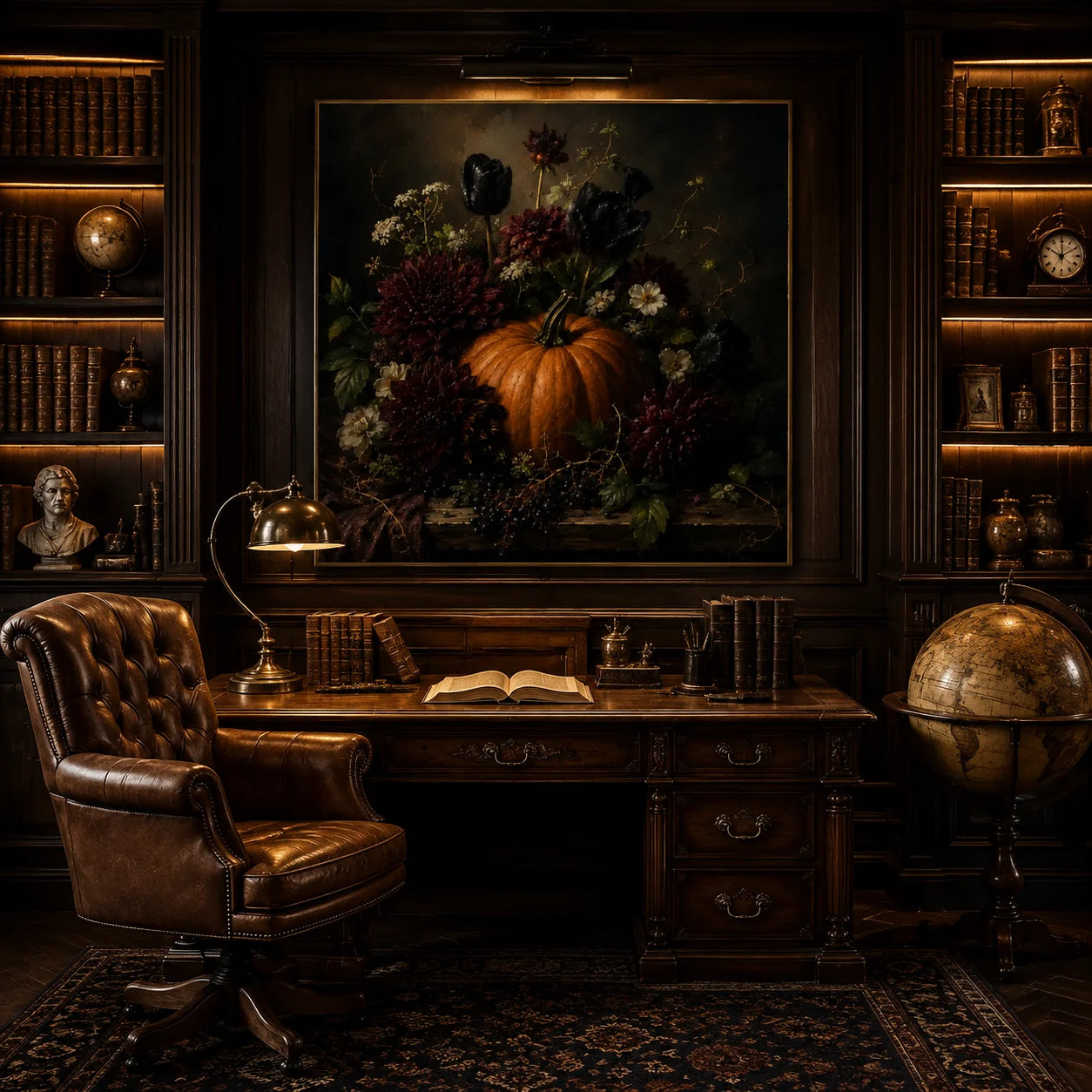 Ownanart Original Hand-Painted Gothic Halloween Pumpkin Floral Still Life Oil Painting with Black Tulips, Burgundy Dahlias and Autumn Berries Dark Romantic Wall Art # OA 1301