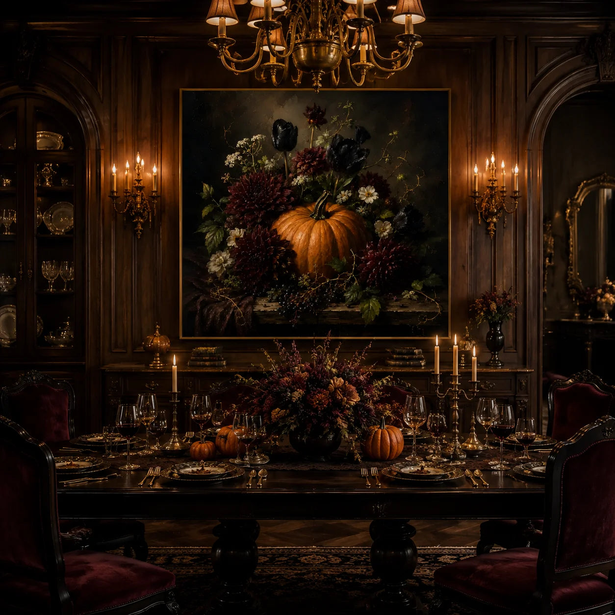 Ownanart Original Hand-Painted Gothic Halloween Pumpkin Floral Still Life Oil Painting with Black Tulips, Burgundy Dahlias and Autumn Berries Dark Romantic Wall Art # OA 1301