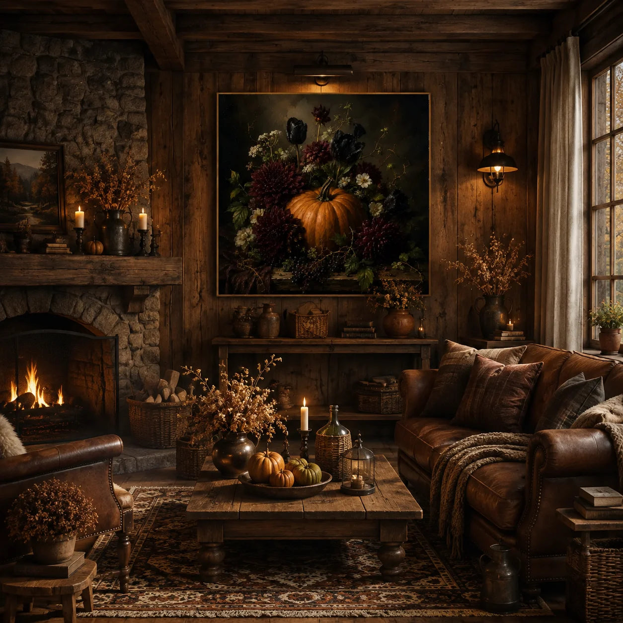 Ownanart Original Hand-Painted Gothic Halloween Pumpkin Floral Still Life Oil Painting with Black Tulips, Burgundy Dahlias and Autumn Berries Dark Romantic Wall Art # OA 1301