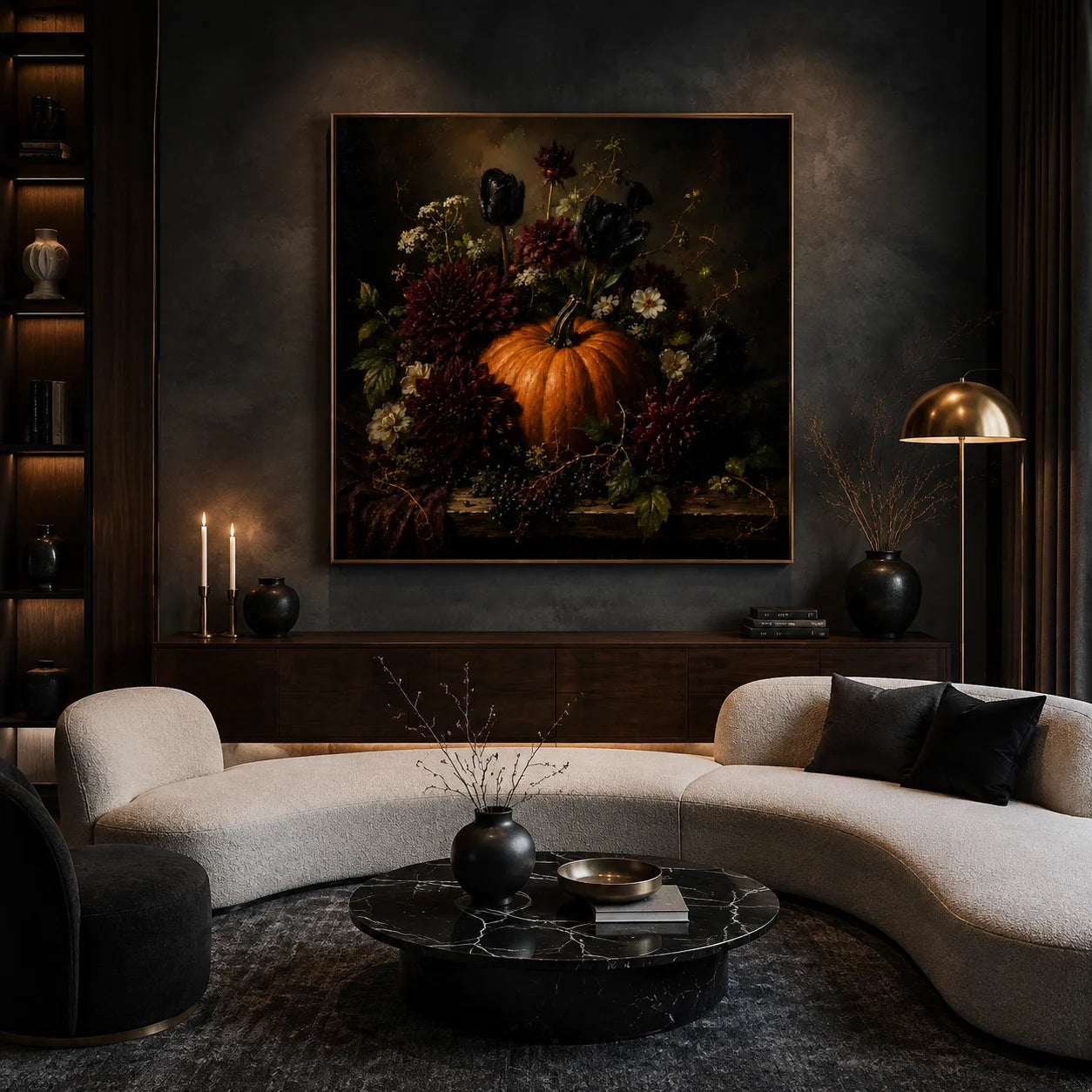 Ownanart Original Hand-Painted Gothic Halloween Pumpkin Floral Still Life Oil Painting with Black Tulips, Burgundy Dahlias and Autumn Berries Dark Romantic Wall Art # OA 1301