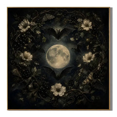 Ownanart Original Hand-Painted Gothic Moonlit Bat Wreath Oil Painting with Full Moon, Flying Bats, White Flowers and Moths Dark Romantic Wall Art # OA 1306