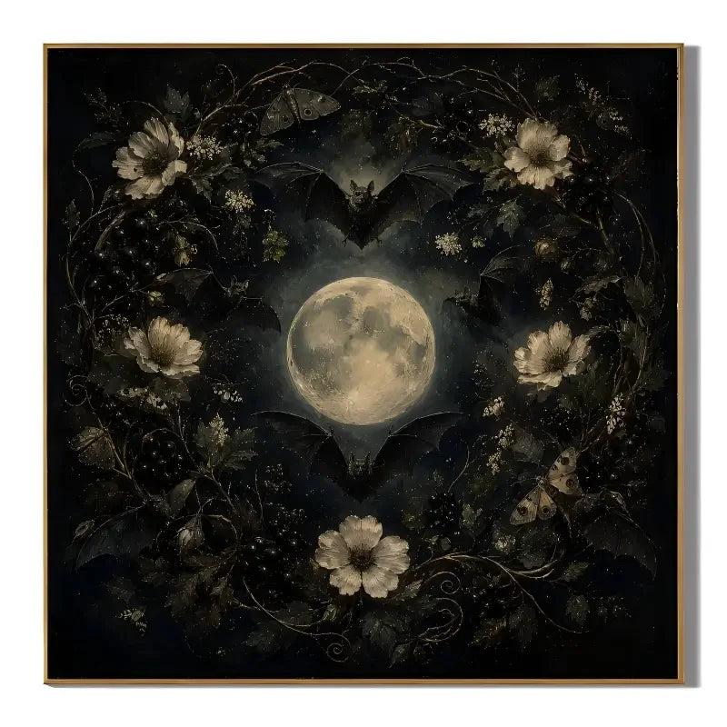 Ownanart Original Hand-Painted Gothic Moonlit Bat Wreath Oil Painting with Full Moon, Flying Bats, White Flowers and Moths Dark Romantic Wall Art # OA 1306