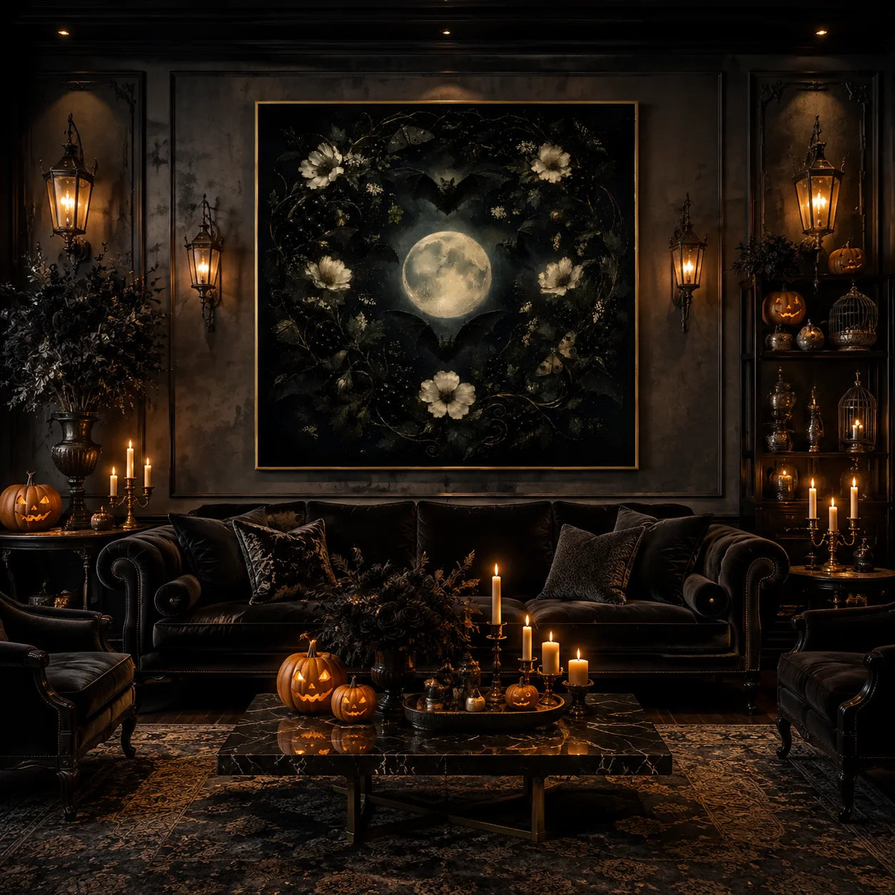 Ownanart Original Hand-Painted Gothic Moonlit Bat Wreath Oil Painting with Full Moon, Flying Bats, White Flowers and Moths Dark Romantic Wall Art # OA 1306