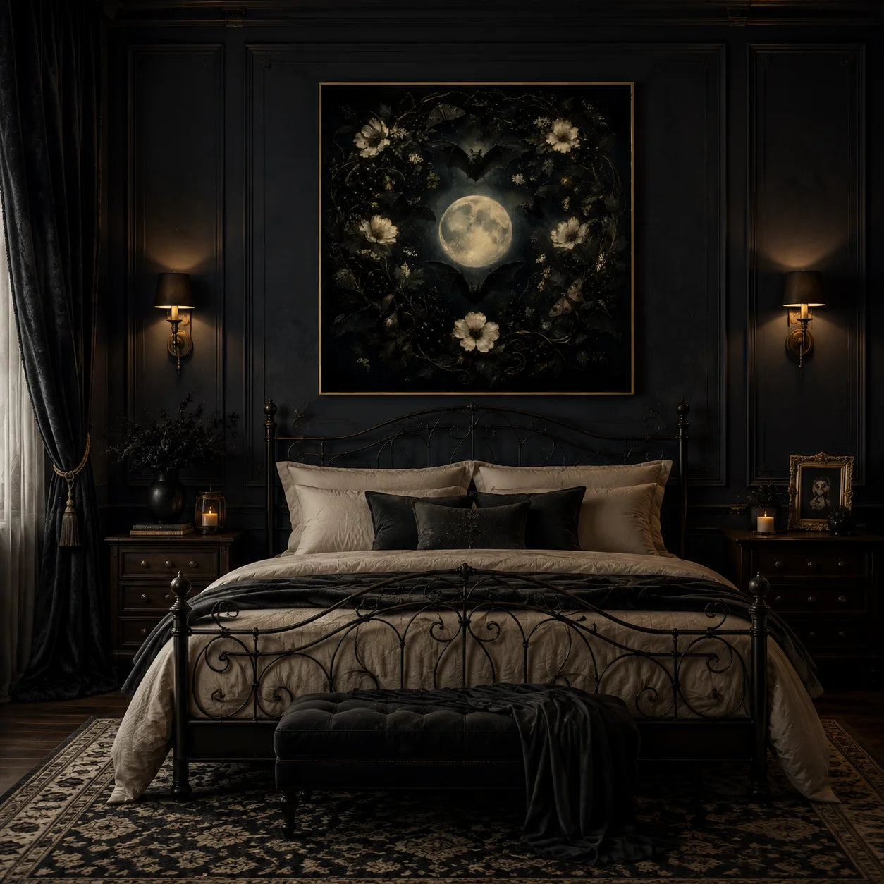 Ownanart Original Hand-Painted Gothic Moonlit Bat Wreath Oil Painting with Full Moon, Flying Bats, White Flowers and Moths Dark Romantic Wall Art # OA 1306