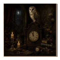 Ownanart Original Hand-Painted Gothic Owl and Antique Clock Still Life Oil Painting with Moonlit Window, Candles, Old Books, Pocket Watch and Keys Dark Academia Wall Art # OA 1302