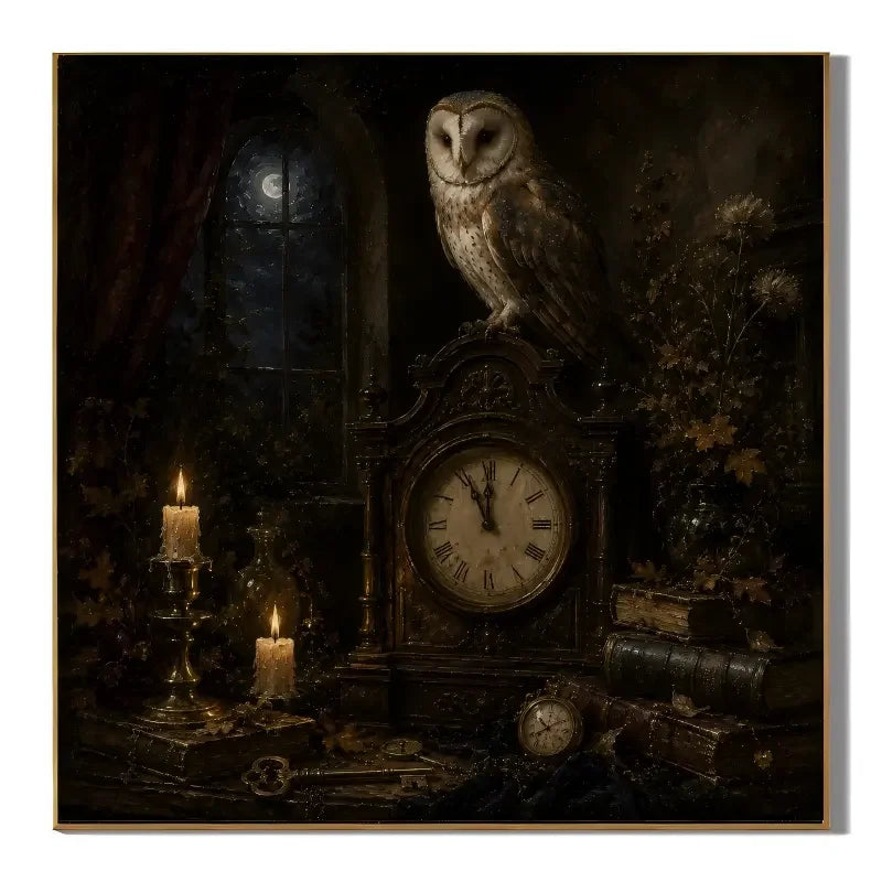 Ownanart Original Hand-Painted Gothic Owl and Antique Clock Still Life Oil Painting with Moonlit Window, Candles, Old Books, Pocket Watch and Keys Dark Academia Wall Art # OA 1302