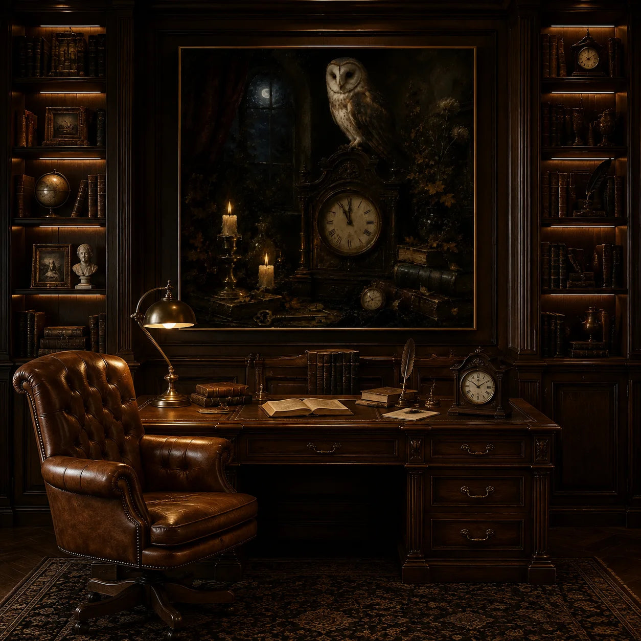 Ownanart Original Hand-Painted Gothic Owl and Antique Clock Still Life Oil Painting with Moonlit Window, Candles, Old Books, Pocket Watch and Keys Dark Academia Wall Art # OA 1302