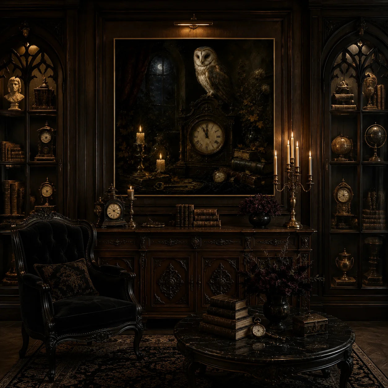 Ownanart Original Hand-Painted Gothic Owl and Antique Clock Still Life Oil Painting with Moonlit Window, Candles, Old Books, Pocket Watch and Keys Dark Academia Wall Art # OA 1302