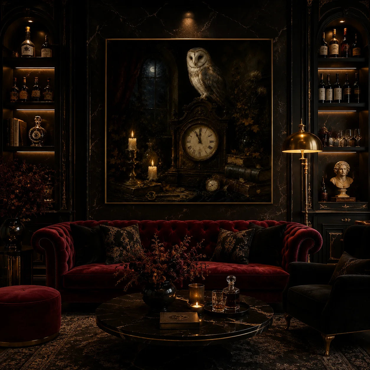 Ownanart Original Hand-Painted Gothic Owl and Antique Clock Still Life Oil Painting with Moonlit Window, Candles, Old Books, Pocket Watch and Keys Dark Academia Wall Art # OA 1302