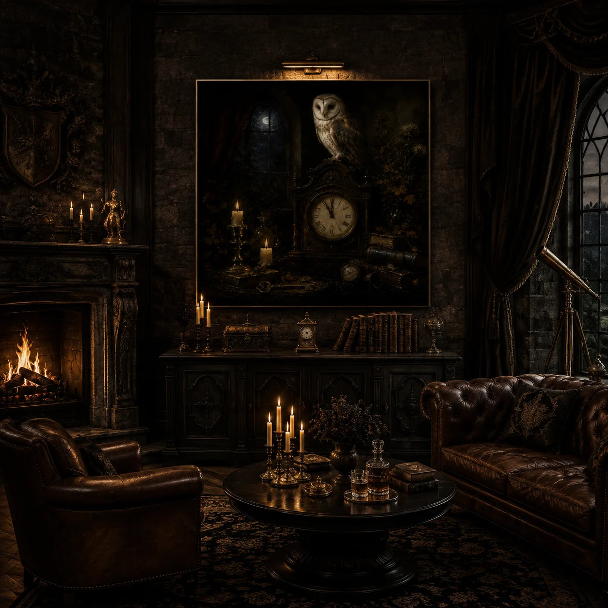 Ownanart Original Hand-Painted Gothic Owl and Antique Clock Still Life Oil Painting with Moonlit Window, Candles, Old Books, Pocket Watch and Keys Dark Academia Wall Art # OA 1302