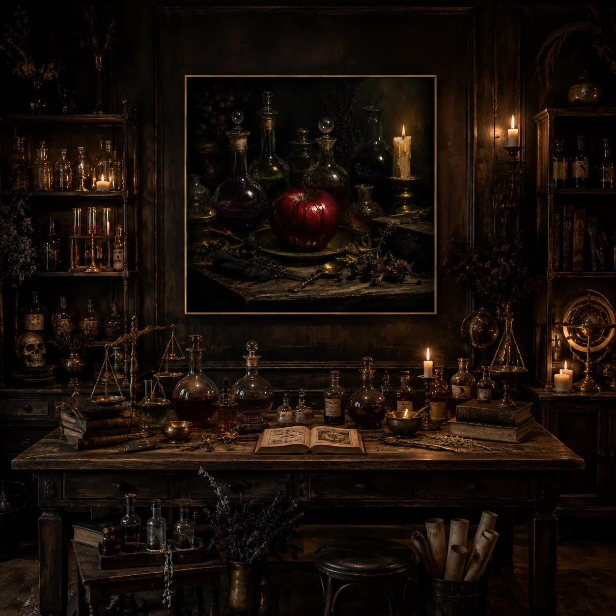 Ownanart Original Hand-Painted Gothic Red Apple Still Life Oil Painting with Vintage Glass Potion Bottles, Candlelight, Feather and Dark Academia Wall Art # OA 1307