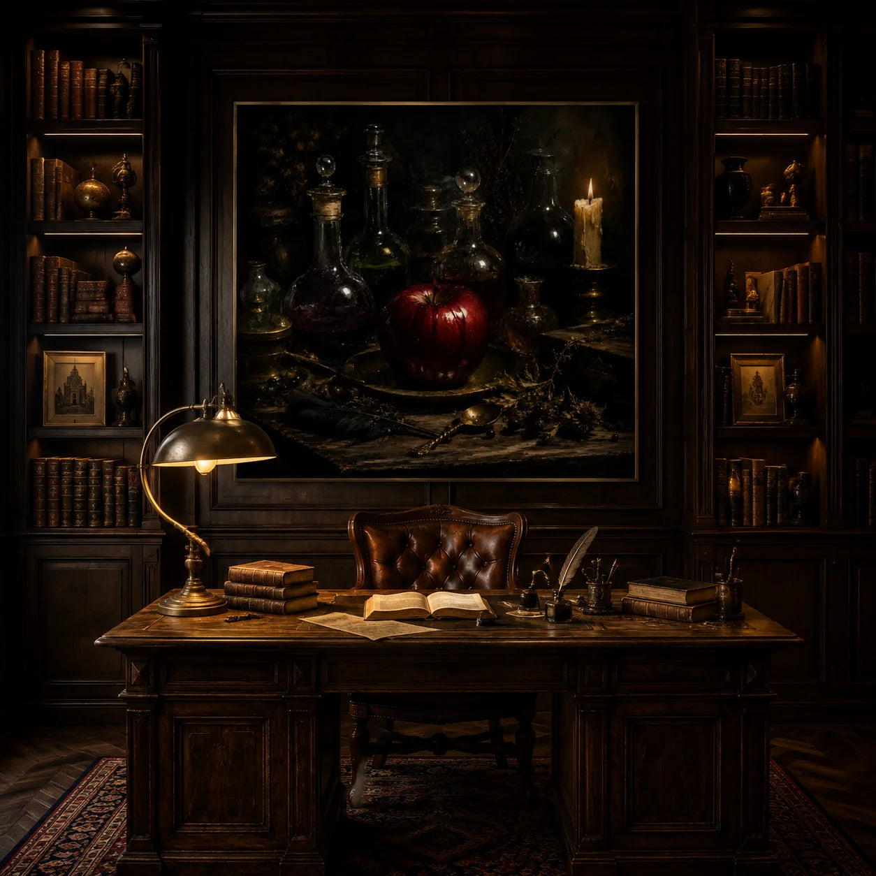 Ownanart Original Hand-Painted Gothic Red Apple Still Life Oil Painting with Vintage Glass Potion Bottles, Candlelight, Feather and Dark Academia Wall Art # OA 1307