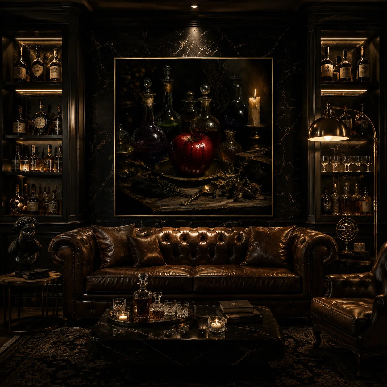 Ownanart Original Hand-Painted Gothic Red Apple Still Life Oil Painting with Vintage Glass Potion Bottles, Candlelight, Feather and Dark Academia Wall Art # OA 1307