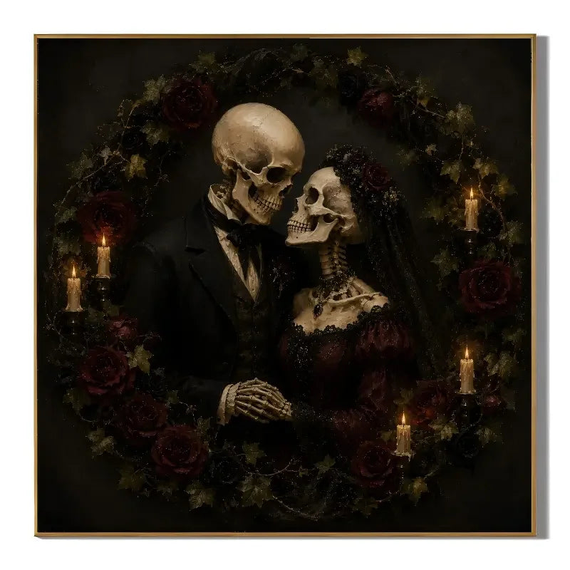 Ownanart Original Hand-Painted Gothic Skeleton Lovers Oil Painting with Dark Rose Wreath, Candlelight and Victorian Wedding Style Romantic Halloween Wall Art # OA 1308