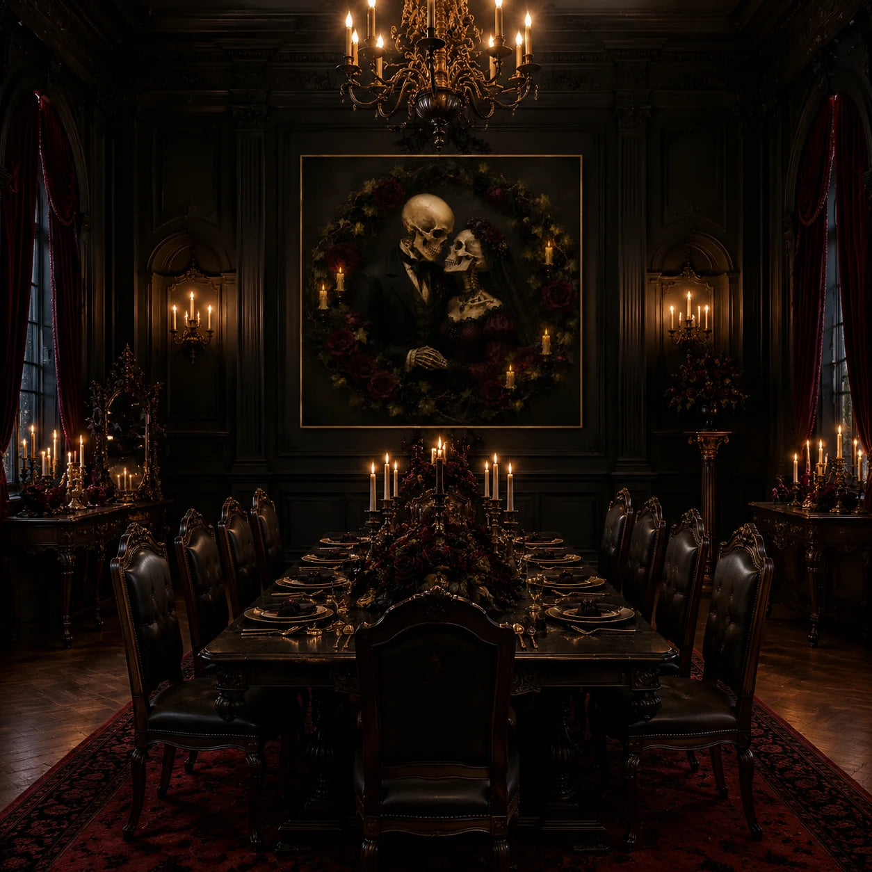 Ownanart Original Hand-Painted Gothic Skeleton Lovers Oil Painting with Dark Rose Wreath, Candlelight and Victorian Wedding Style Romantic Halloween Wall Art # OA 1308