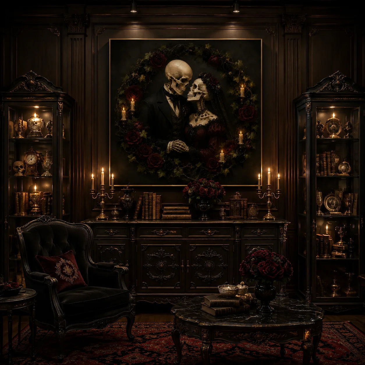 Ownanart Original Hand-Painted Gothic Skeleton Lovers Oil Painting with Dark Rose Wreath, Candlelight and Victorian Wedding Style Romantic Halloween Wall Art # OA 1308