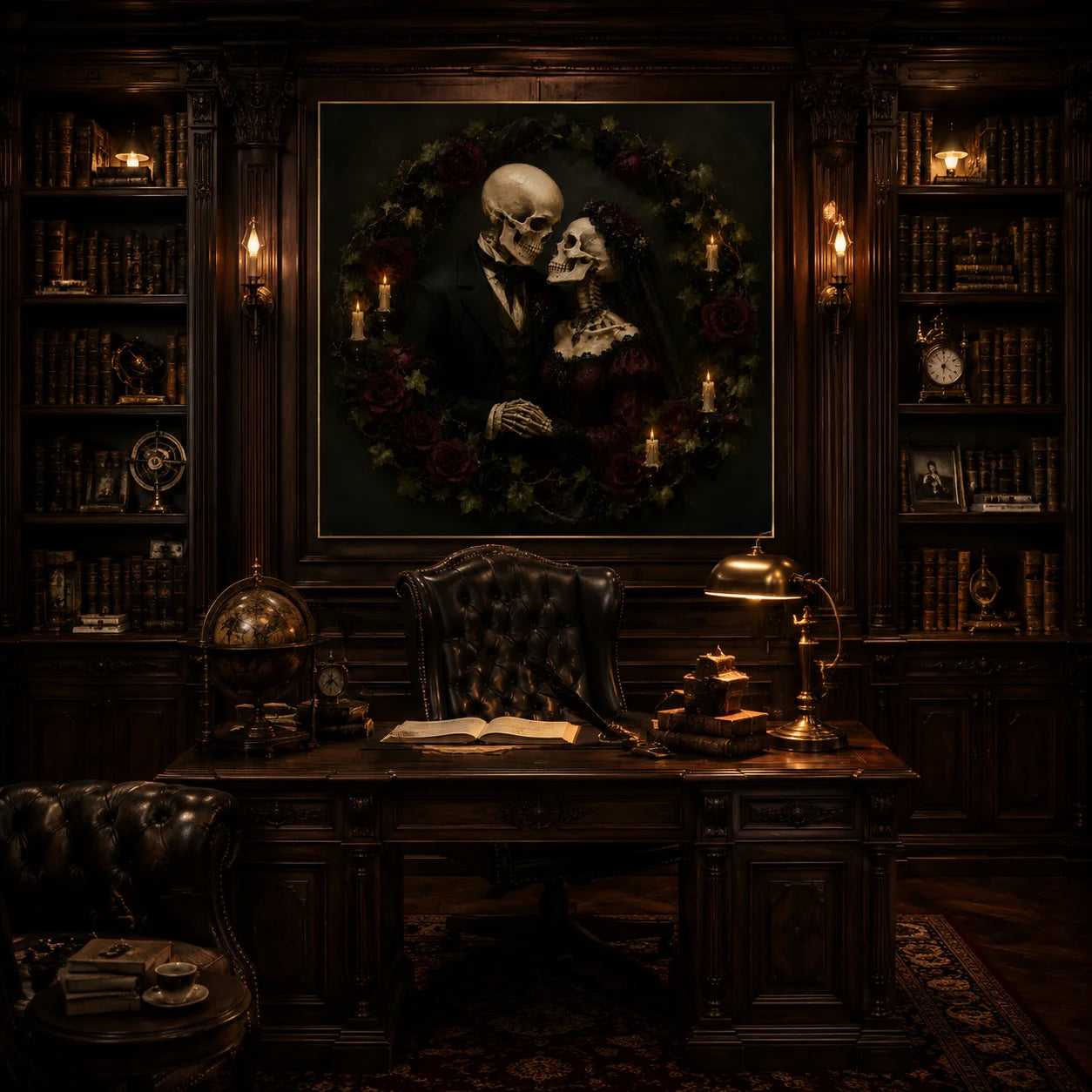 Ownanart Original Hand-Painted Gothic Skeleton Lovers Oil Painting with Dark Rose Wreath, Candlelight and Victorian Wedding Style Romantic Halloween Wall Art # OA 1308