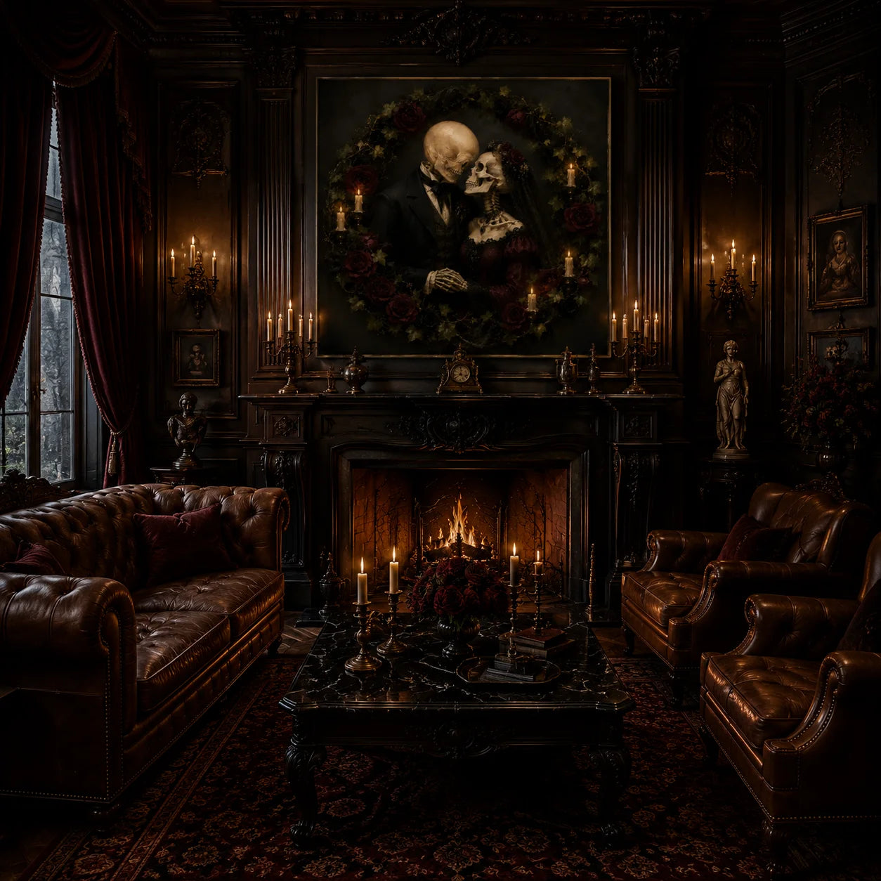 Ownanart Original Hand-Painted Gothic Skeleton Lovers Oil Painting with Dark Rose Wreath, Candlelight and Victorian Wedding Style Romantic Halloween Wall Art # OA 1308