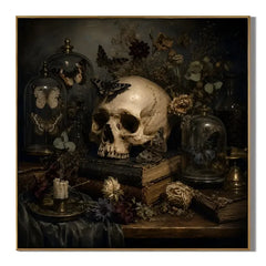 Ownanart Original Hand-Painted Gothic Skull Still Life Oil Painting with Butterfly Specimen Domes, Antique Books, Candlelight and Dried Flowers Dark Academia Wall Art # OA 1304