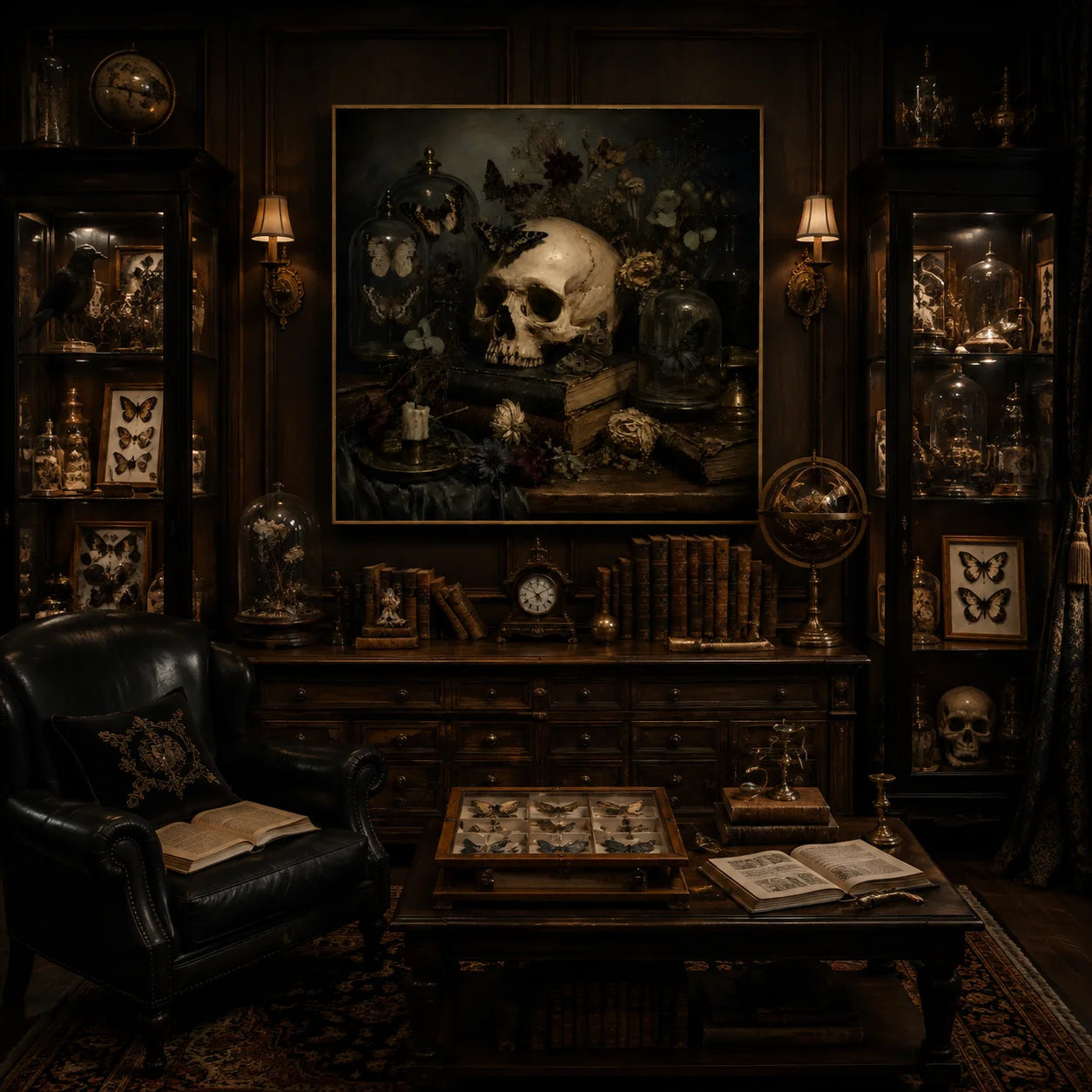Ownanart Original Hand-Painted Gothic Skull Still Life Oil Painting with Butterfly Specimen Domes, Antique Books, Candlelight and Dried Flowers Dark Academia Wall Art # OA 1304