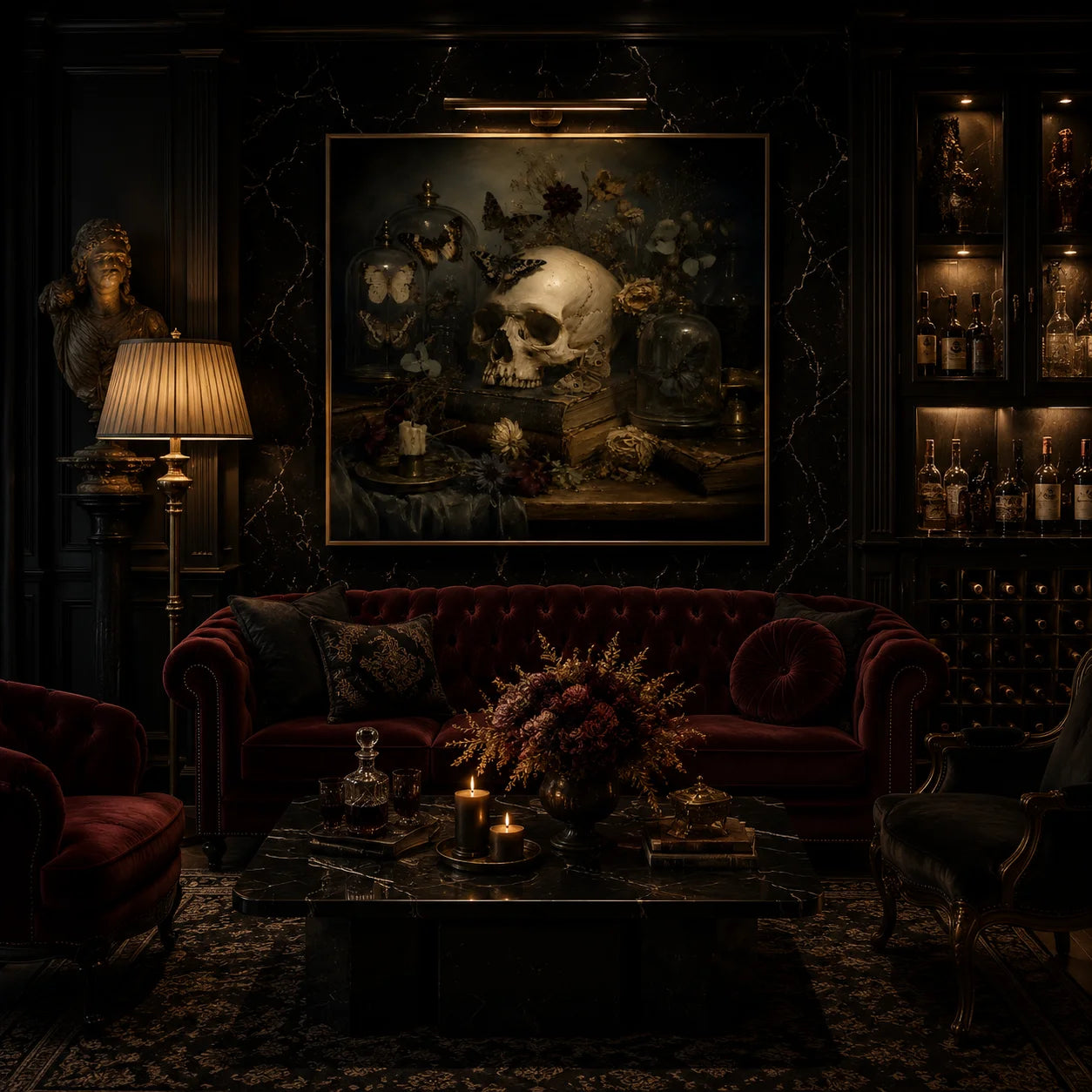Ownanart Original Hand-Painted Gothic Skull Still Life Oil Painting with Butterfly Specimen Domes, Antique Books, Candlelight and Dried Flowers Dark Academia Wall Art # OA 1304