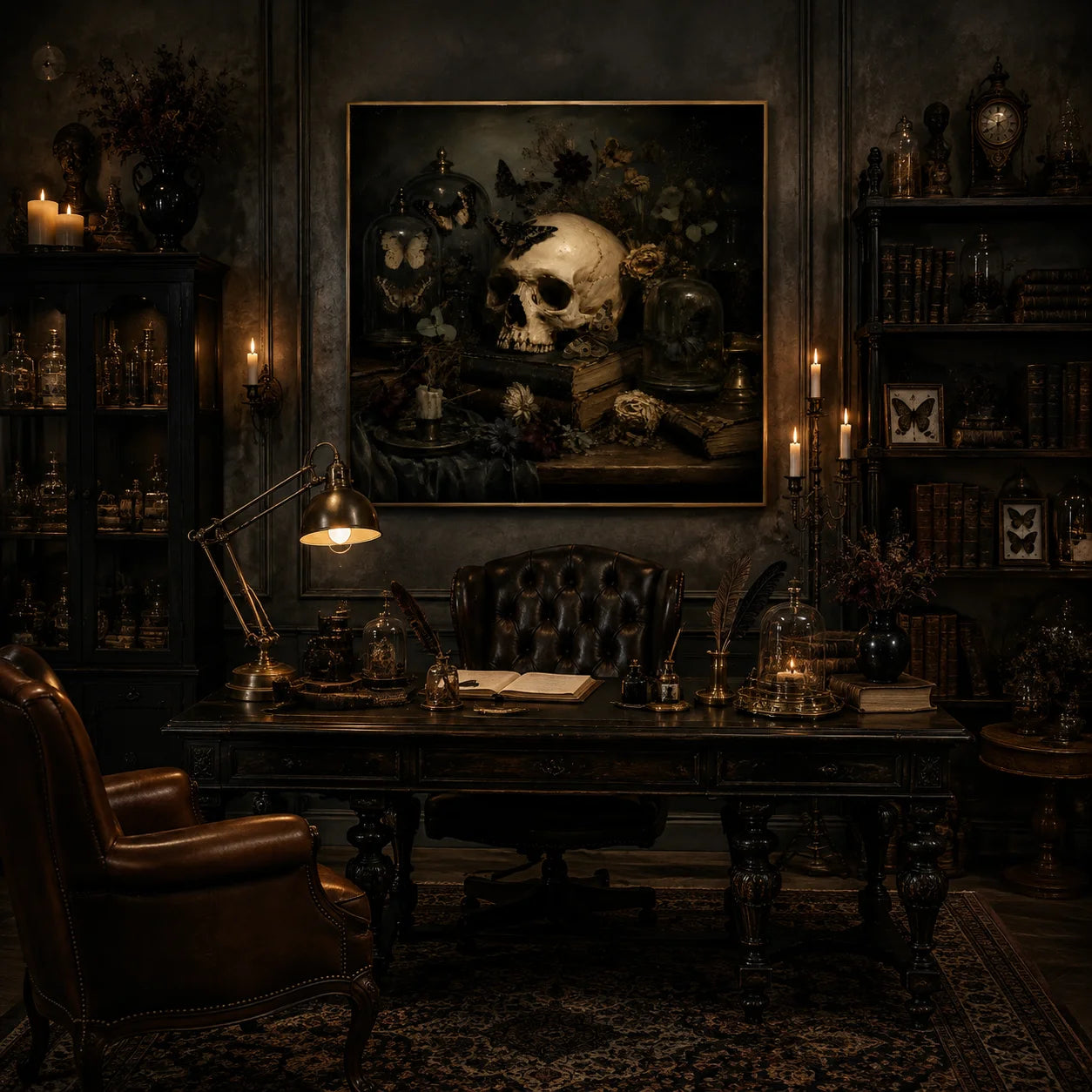 Ownanart Original Hand-Painted Gothic Skull Still Life Oil Painting with Butterfly Specimen Domes, Antique Books, Candlelight and Dried Flowers Dark Academia Wall Art # OA 1304
