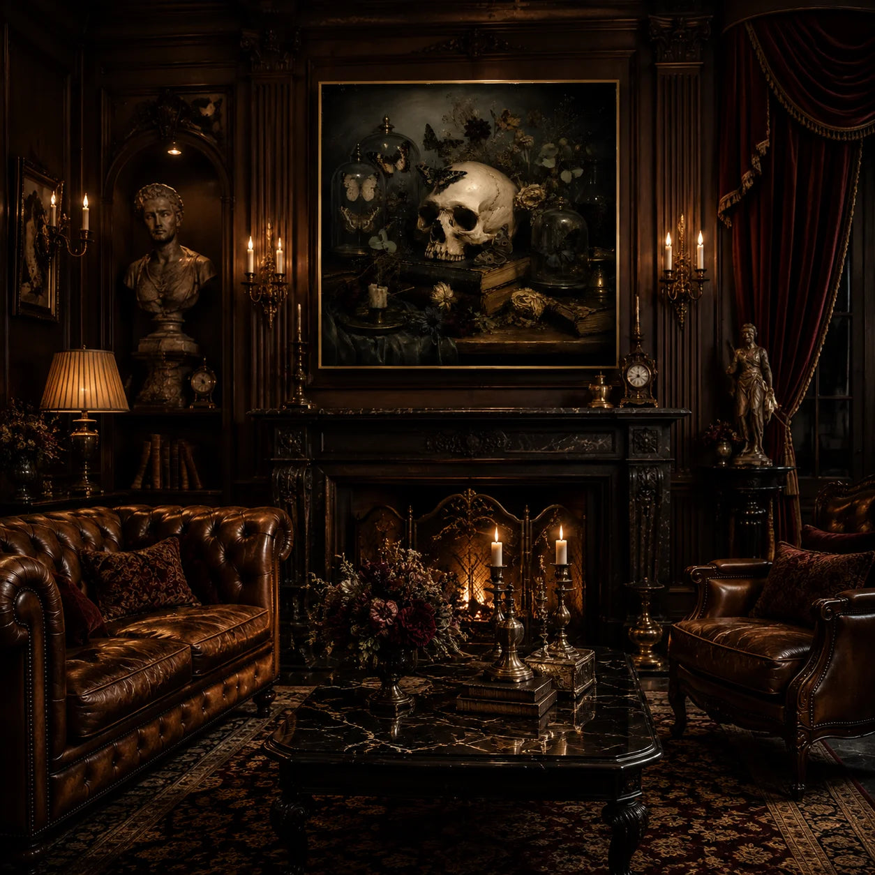 Ownanart Original Hand-Painted Gothic Skull Still Life Oil Painting with Butterfly Specimen Domes, Antique Books, Candlelight and Dried Flowers Dark Academia Wall Art # OA 1304