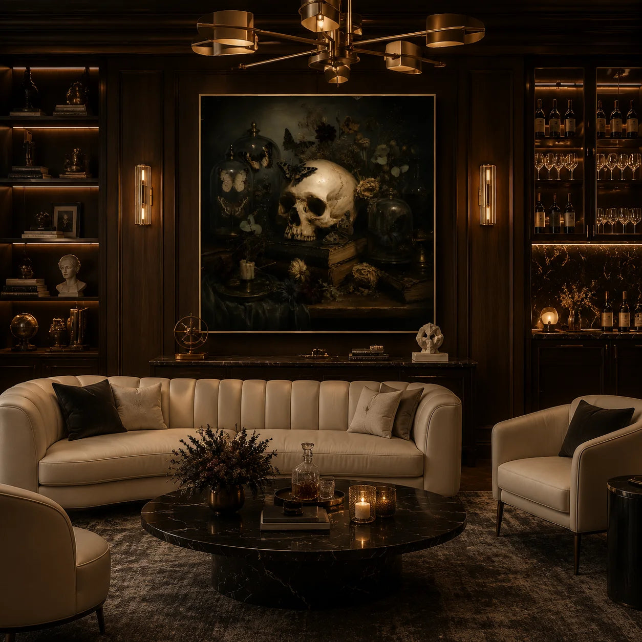 Ownanart Original Hand-Painted Gothic Skull Still Life Oil Painting with Butterfly Specimen Domes, Antique Books, Candlelight and Dried Flowers Dark Academia Wall Art # OA 1304