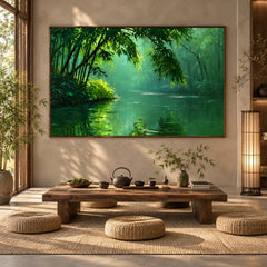 Green Bamboo Forest Oil Painting – Serene River Landscape with Sunlight, Morning Mist and Water Reflections, Nature Wall Art #OA 1372