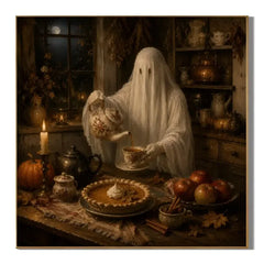 Ownanart Original Hand-Painted Halloween Ghost Afternoon Tea Oil Painting with Pumpkin Pie, Vintage Teaware, Candlelight and Cozy Autumn Kitchen Gothic Rustic Wall Art # OA 1310