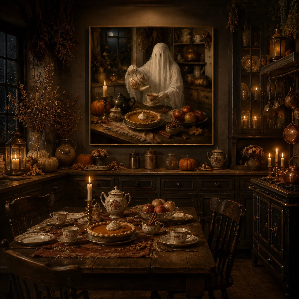Ownanart Original Hand-Painted Halloween Ghost Afternoon Tea Oil Painting with Pumpkin Pie, Vintage Teaware, Candlelight and Cozy Autumn Kitchen Gothic Rustic Wall Art # OA 1310