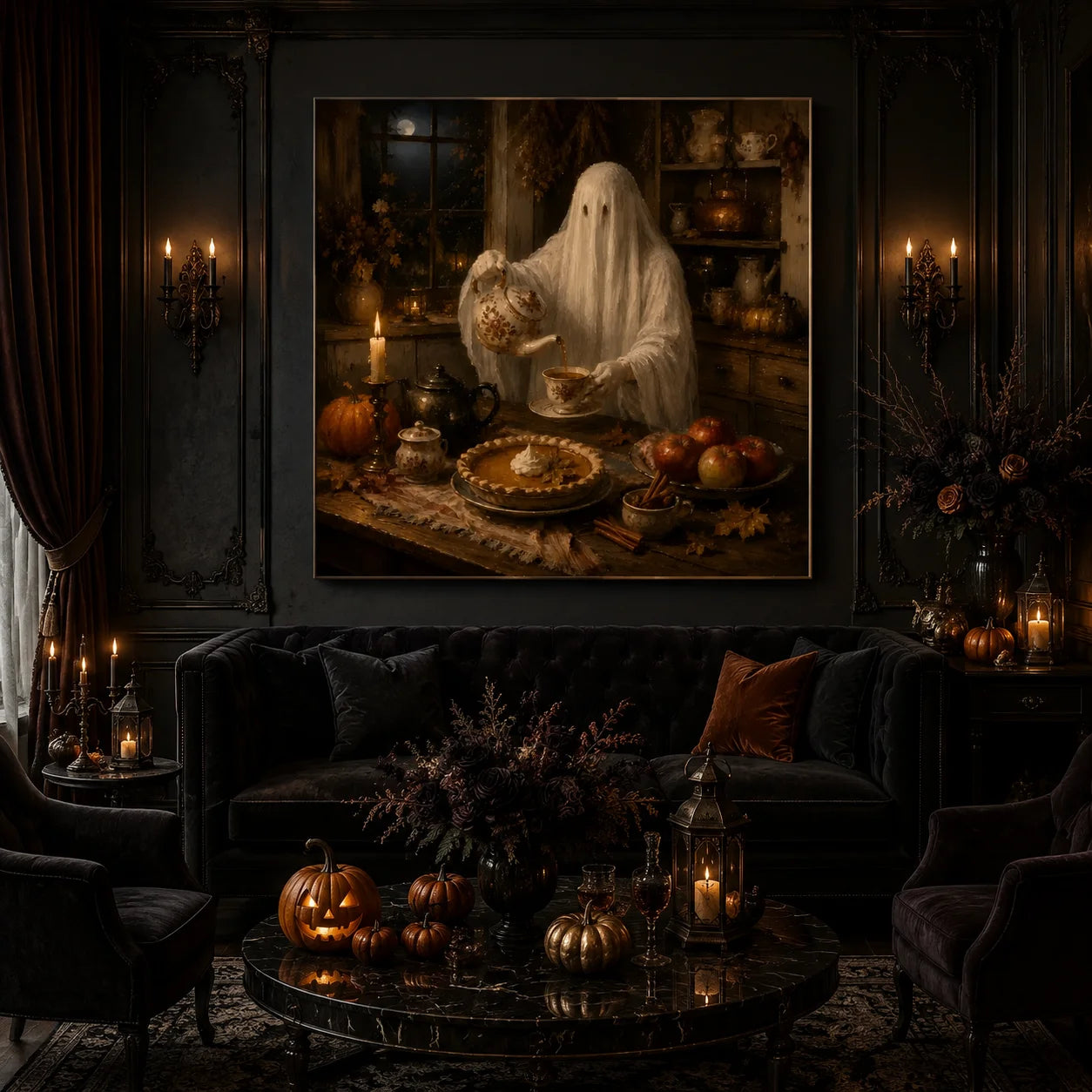 Ownanart Original Hand-Painted Halloween Ghost Afternoon Tea Oil Painting with Pumpkin Pie, Vintage Teaware, Candlelight and Cozy Autumn Kitchen Gothic Rustic Wall Art # OA 1310