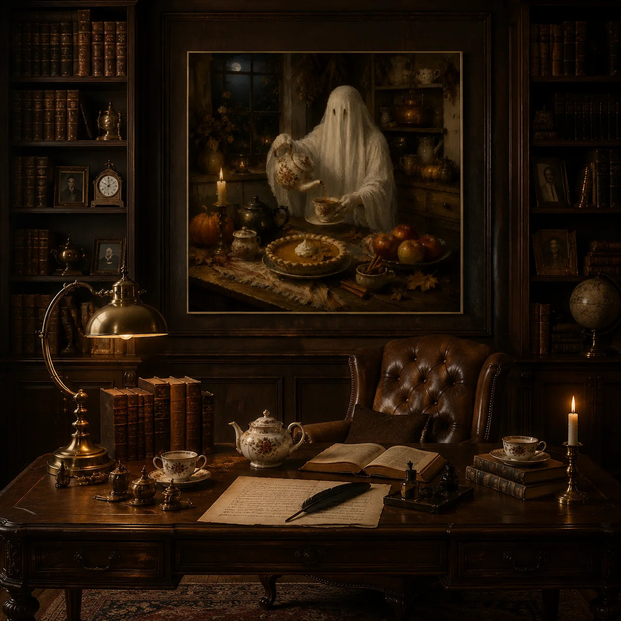 Ownanart Original Hand-Painted Halloween Ghost Afternoon Tea Oil Painting with Pumpkin Pie, Vintage Teaware, Candlelight and Cozy Autumn Kitchen Gothic Rustic Wall Art # OA 1310