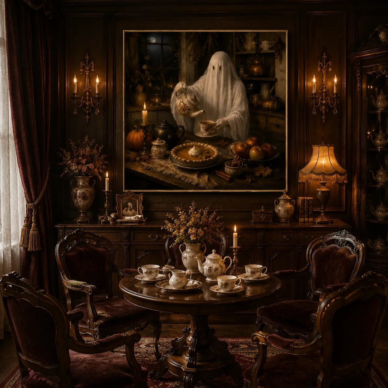 Ownanart Original Hand-Painted Halloween Ghost Afternoon Tea Oil Painting with Pumpkin Pie, Vintage Teaware, Candlelight and Cozy Autumn Kitchen Gothic Rustic Wall Art # OA 1310