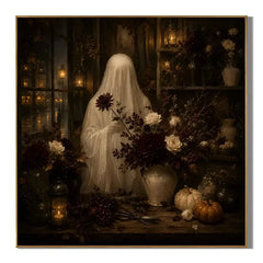 Ownanart Original Hand-Painted Halloween Ghost Floral Still Life Oil Painting with Lantern Candlelight, White Roses, Dark Bouquet and Pumpkins Gothic Dark Romantic Wall Art # OA 1309