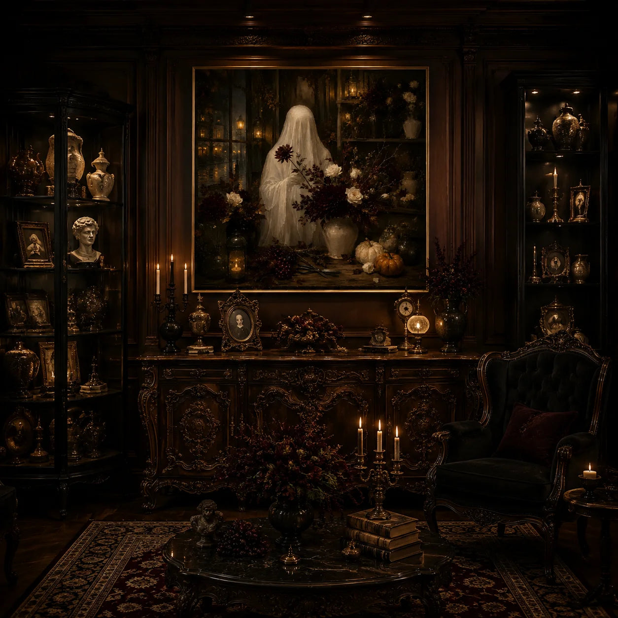 Ownanart Original Hand-Painted Halloween Ghost Floral Still Life Oil Painting with Lantern Candlelight, White Roses, Dark Bouquet and Pumpkins Gothic Dark Romantic Wall Art # OA 1309