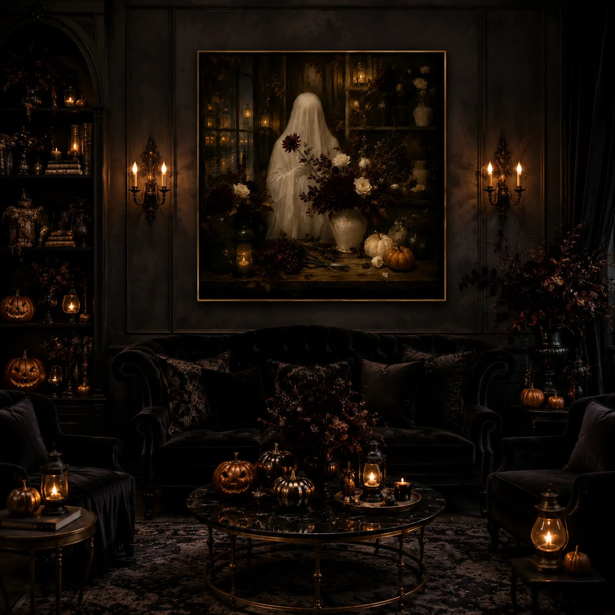 Ownanart Original Hand-Painted Halloween Ghost Floral Still Life Oil Painting with Lantern Candlelight, White Roses, Dark Bouquet and Pumpkins Gothic Dark Romantic Wall Art # OA 1309