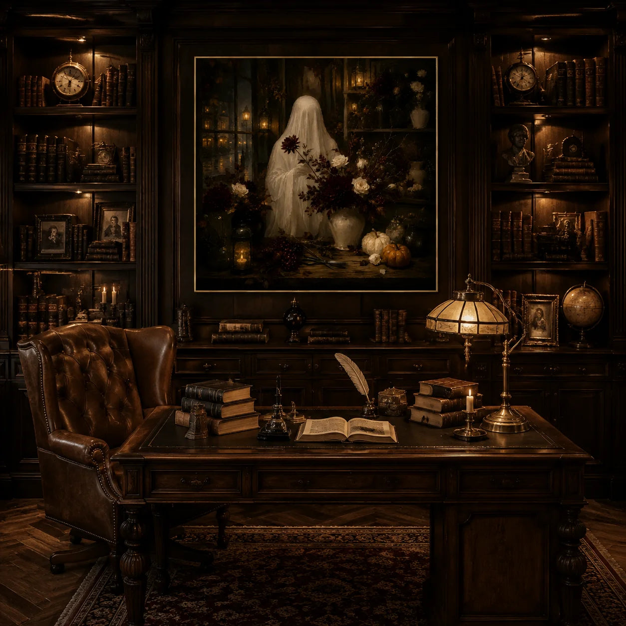Ownanart Original Hand-Painted Halloween Ghost Floral Still Life Oil Painting with Lantern Candlelight, White Roses, Dark Bouquet and Pumpkins Gothic Dark Romantic Wall Art # OA 1309