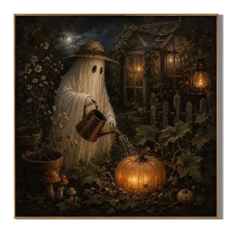 Ownanart Original Hand-Painted Halloween Ghost Gardener Oil Painting with Moonlit Greenhouse, Glowing Pumpkin, Vintage Lanterns and Gothic Autumn Garden Wall Art # OA 1311