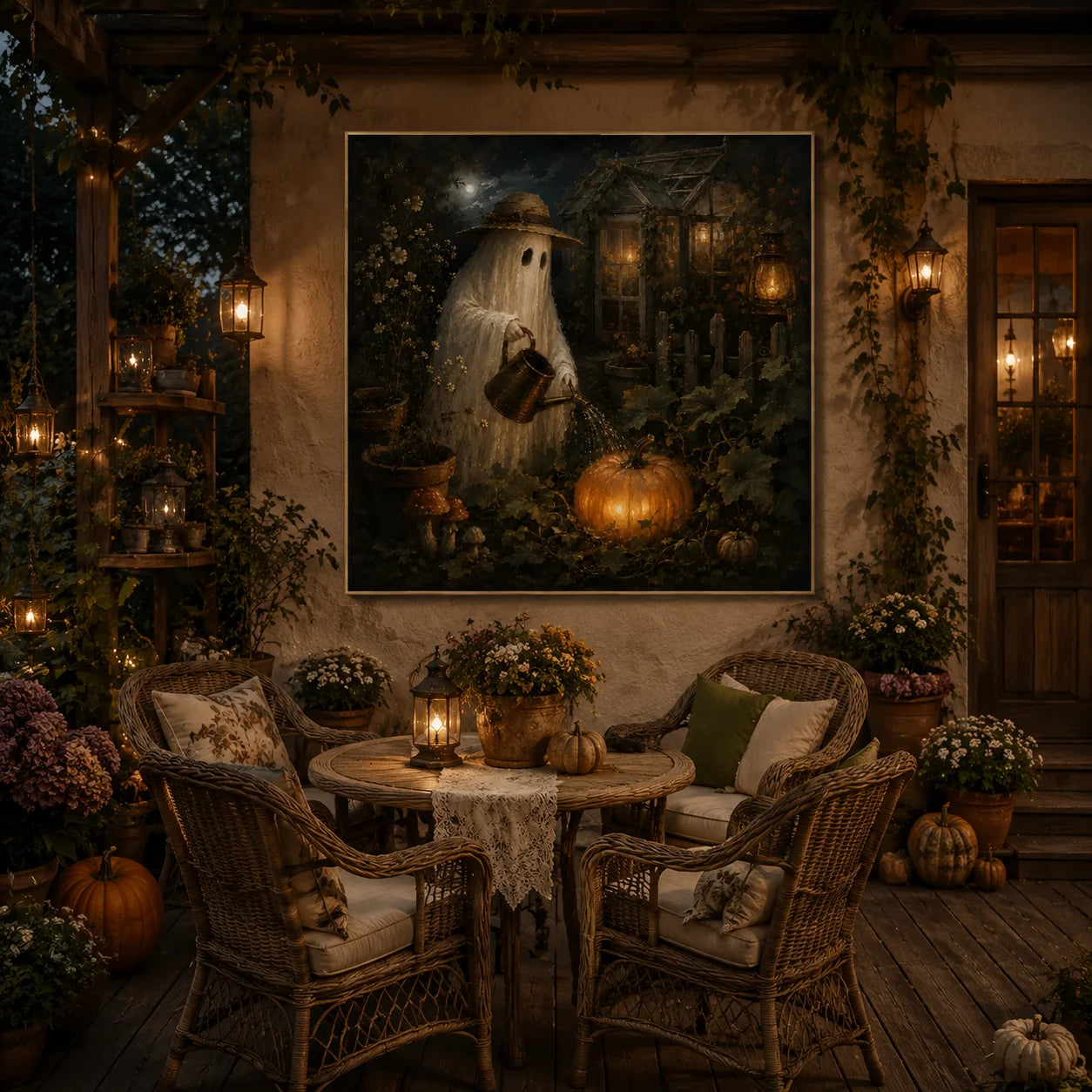 Ownanart Original Hand-Painted Halloween Ghost Gardener Oil Painting with Moonlit Greenhouse, Glowing Pumpkin, Vintage Lanterns and Gothic Autumn Garden Wall Art # OA 1311