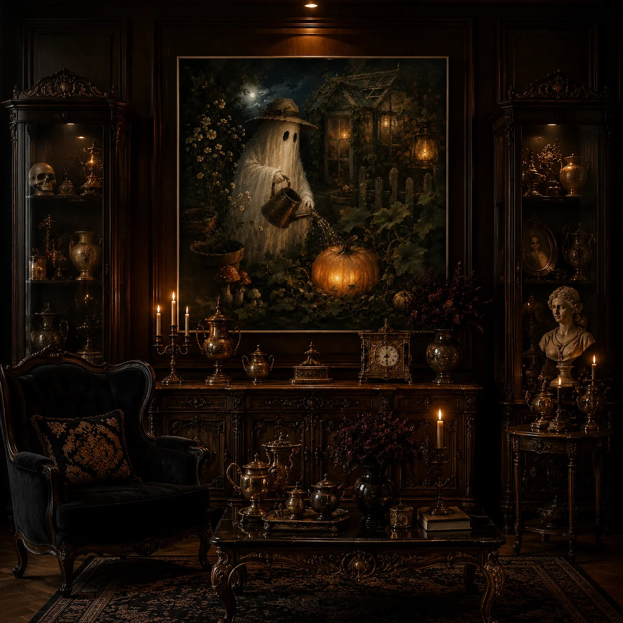 Ownanart Original Hand-Painted Halloween Ghost Gardener Oil Painting with Moonlit Greenhouse, Glowing Pumpkin, Vintage Lanterns and Gothic Autumn Garden Wall Art # OA 1311