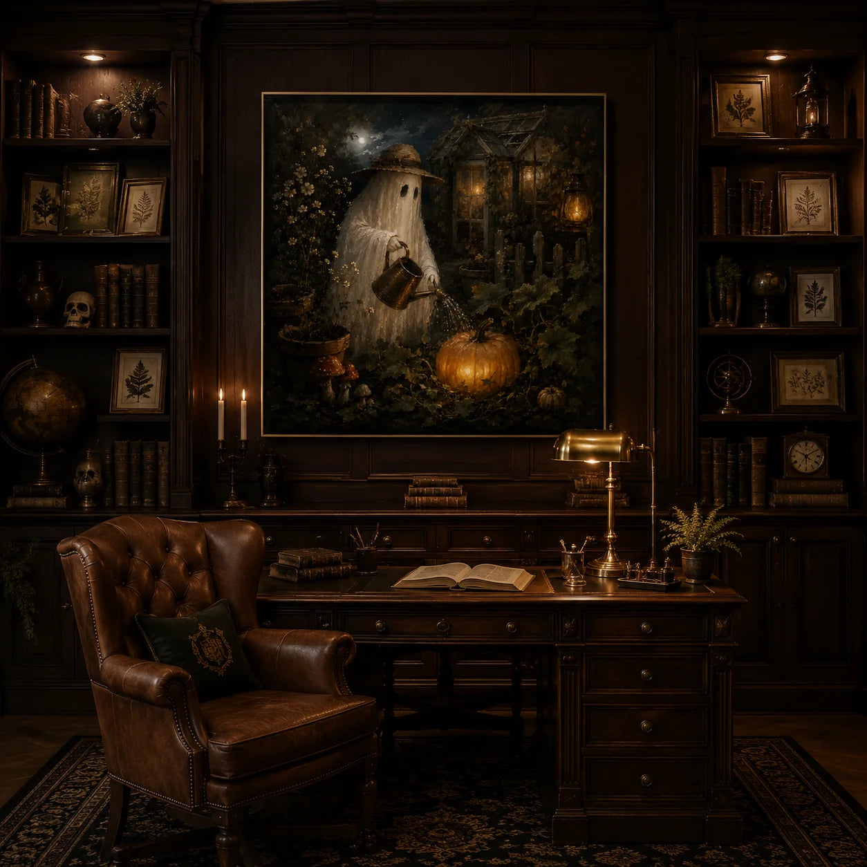 Ownanart Original Hand-Painted Halloween Ghost Gardener Oil Painting with Moonlit Greenhouse, Glowing Pumpkin, Vintage Lanterns and Gothic Autumn Garden Wall Art # OA 1311