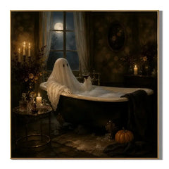 Ownanart Original Hand-Painted Halloween Ghost in Bathtub Oil Painting with Moonlit Window, Vintage Candlelight and Pumpkin Gothic Bathroom Wall Art # OA 1312