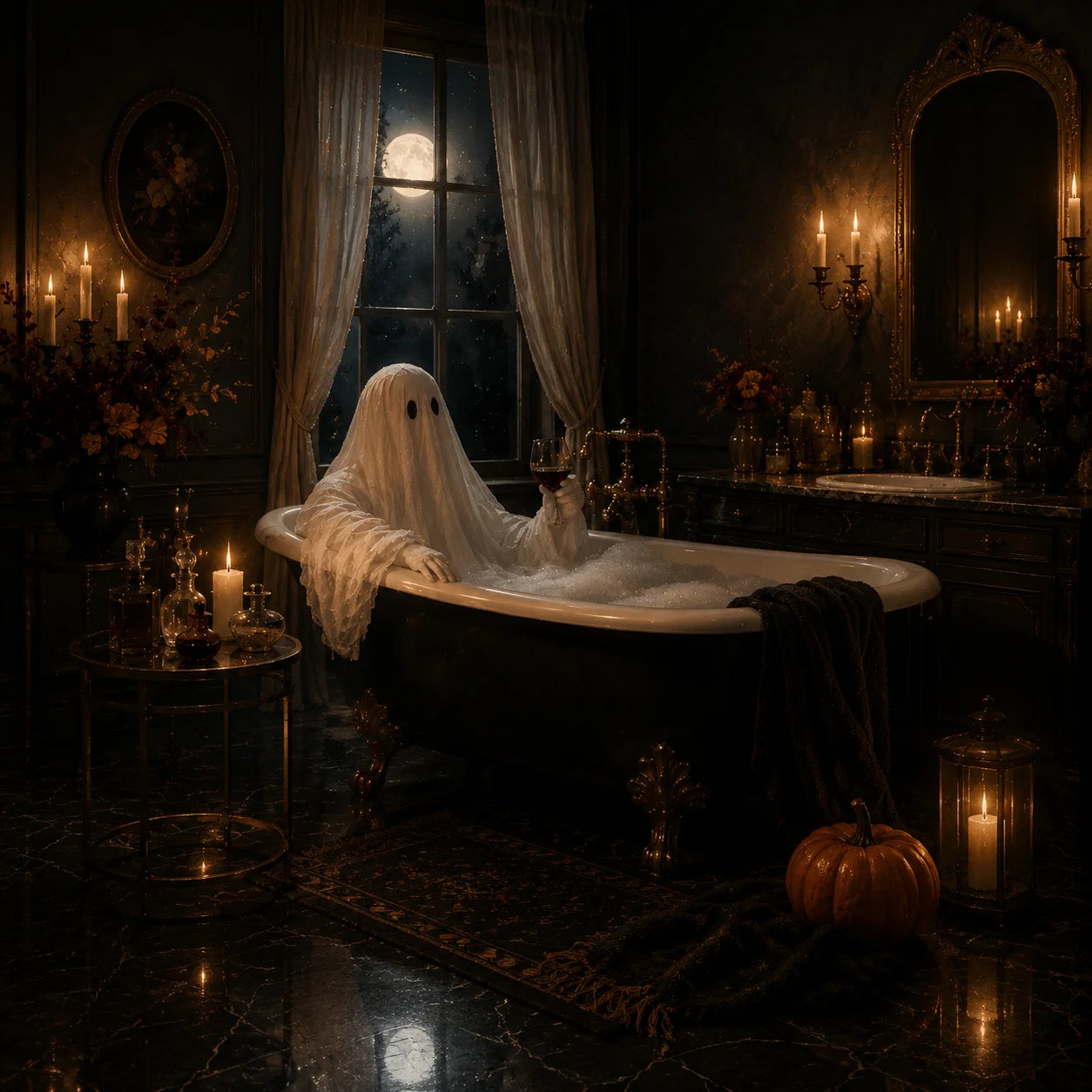 Ownanart Original Hand-Painted Halloween Ghost in Bathtub Oil Painting with Moonlit Window, Vintage Candlelight and Pumpkin Gothic Bathroom Wall Art # OA 1312