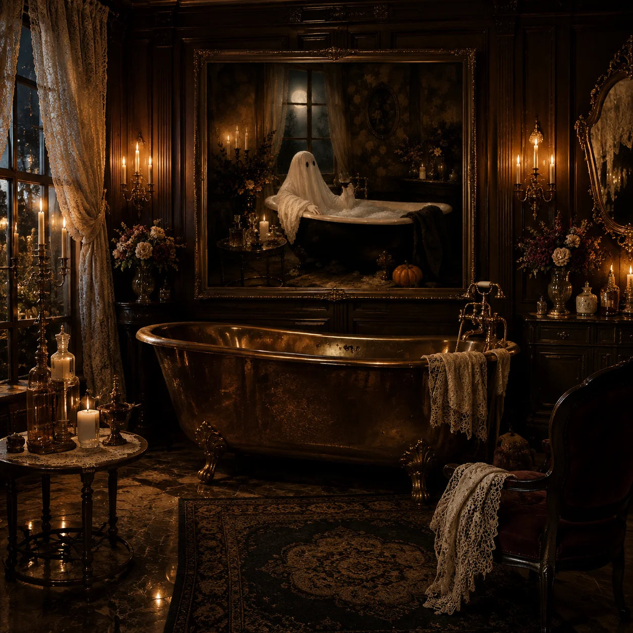 Ownanart Original Hand-Painted Halloween Ghost in Bathtub Oil Painting with Moonlit Window, Vintage Candlelight and Pumpkin Gothic Bathroom Wall Art # OA 1312